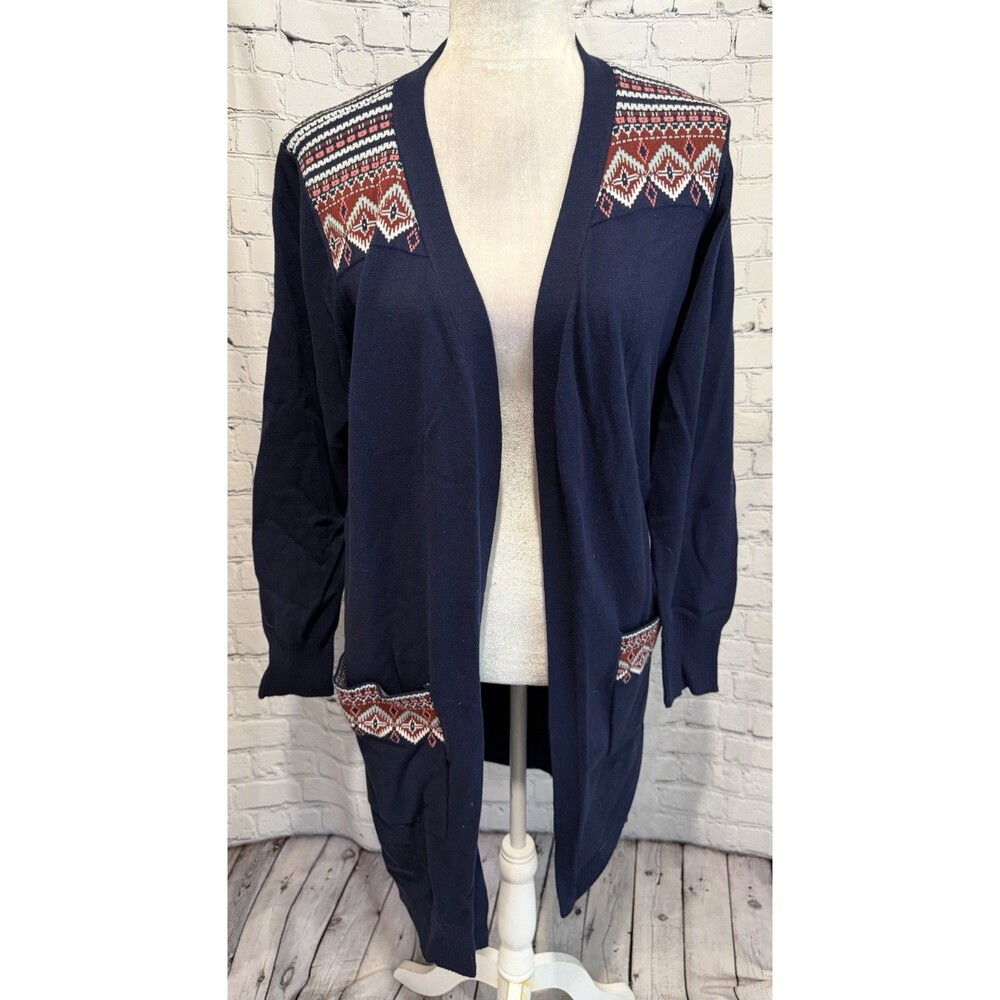 Denim & Co QVC Navy Blue Open Front Cardigan Sweater Fair Isle Jacquard Detail L